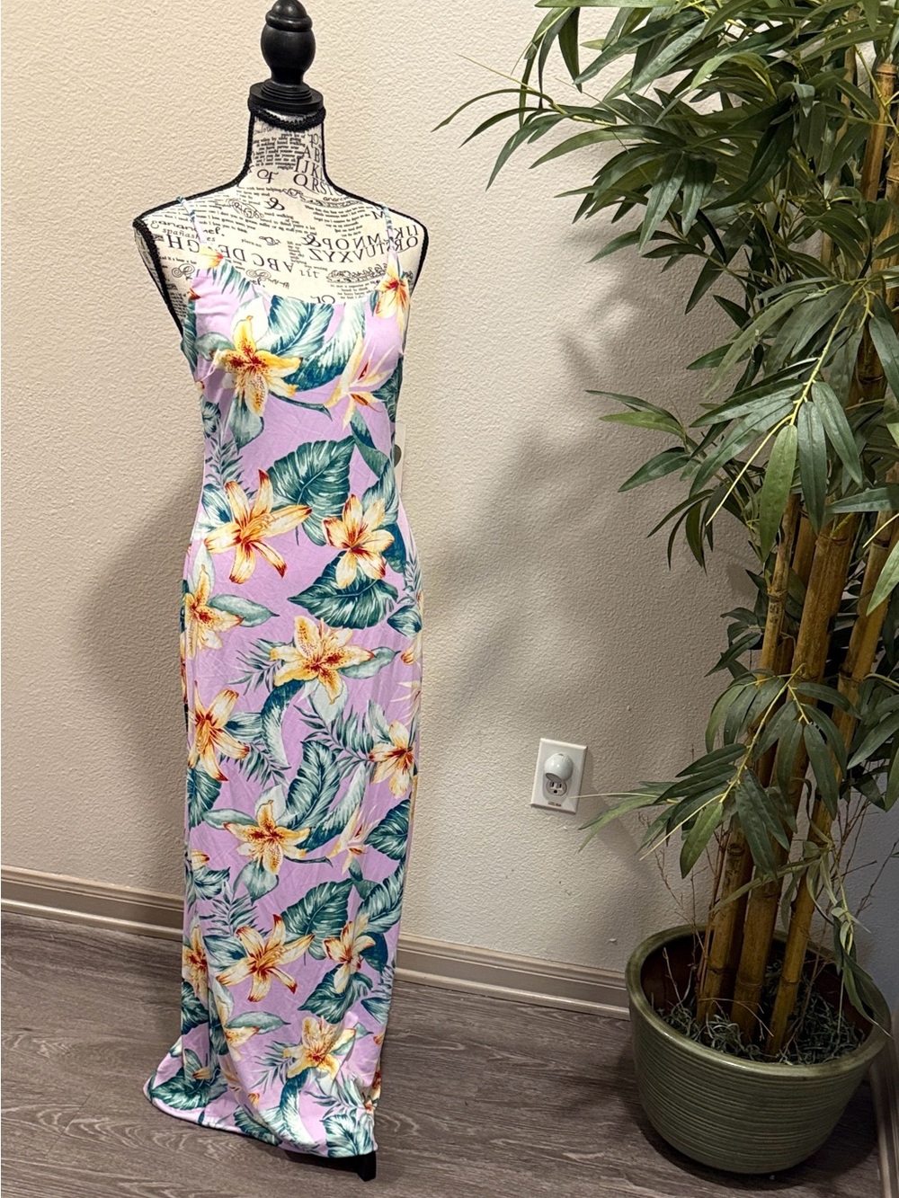 iris Lavender Tropical Strapless Maxi Dress with Yellow Floral Print